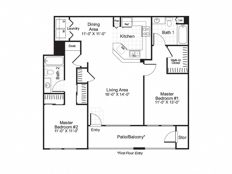Floor plan for 2 beds, 2 baths, 1006 sqft